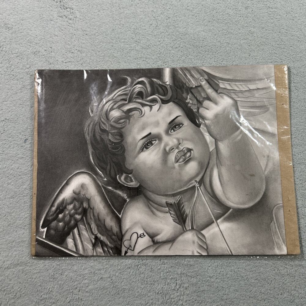 Hand Drawn Pencil Shading Art Baby Cupid Angel Inappropriate Middle Finger Funny